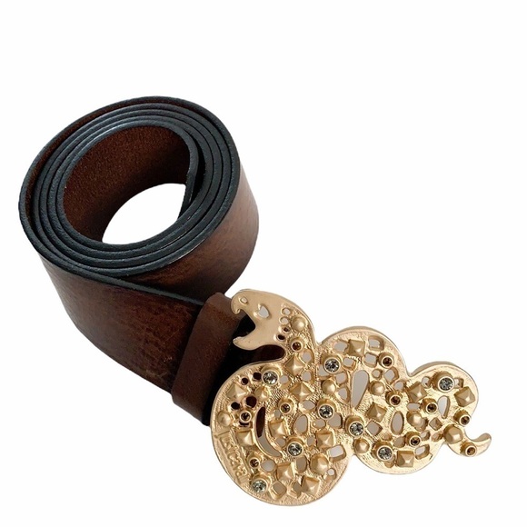Just Cavalli Brown Leather Gold Buckle Snake Belt - Picture 1 of 14